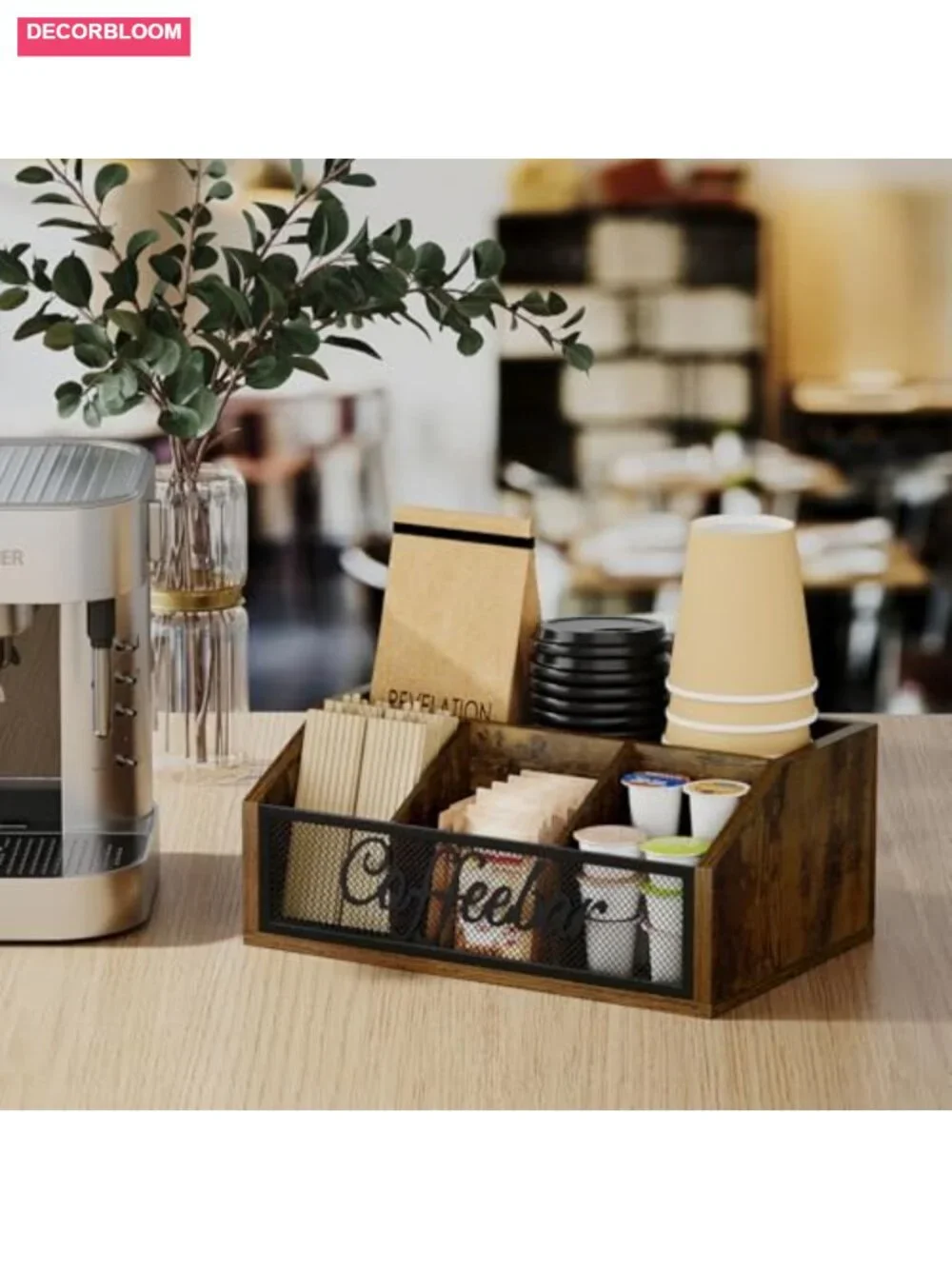 Wood Coffee Station Organizer with Removable Dividers, Coffee Pod Holder, Syrup